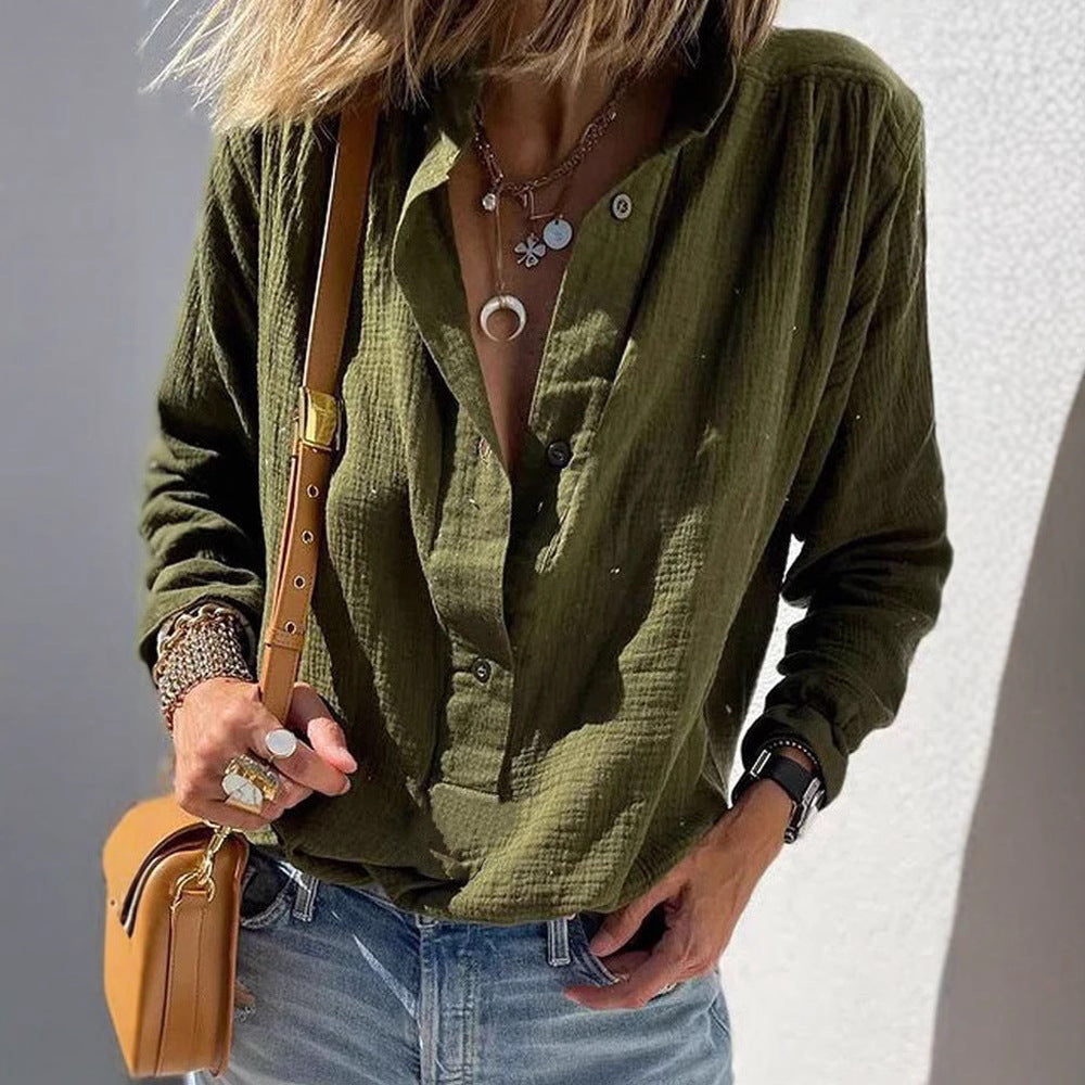 Chemisier pull à manches longues décontracté ample et élégant en coton et lin de couleur unie avec boutons style rétro