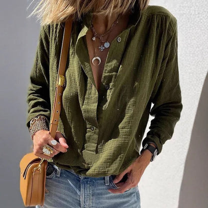 Chemisier pull à manches longues décontracté ample et élégant en coton et lin de couleur unie avec boutons style rétro