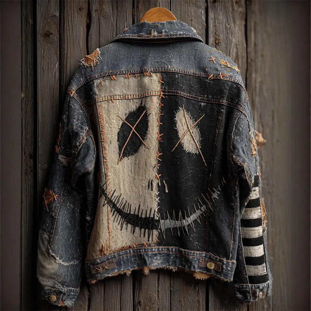 Autumn Retro Washed Long-Sleeve Denim Jacket by AdTec, dark denim with distressed back patchwork and striped sleeve.