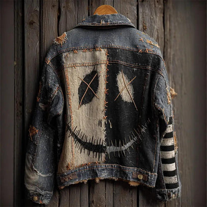 Autumn Retro Washed Long-Sleeve Denim Jacket by AdTec, dark denim with distressed back patchwork and striped sleeve.