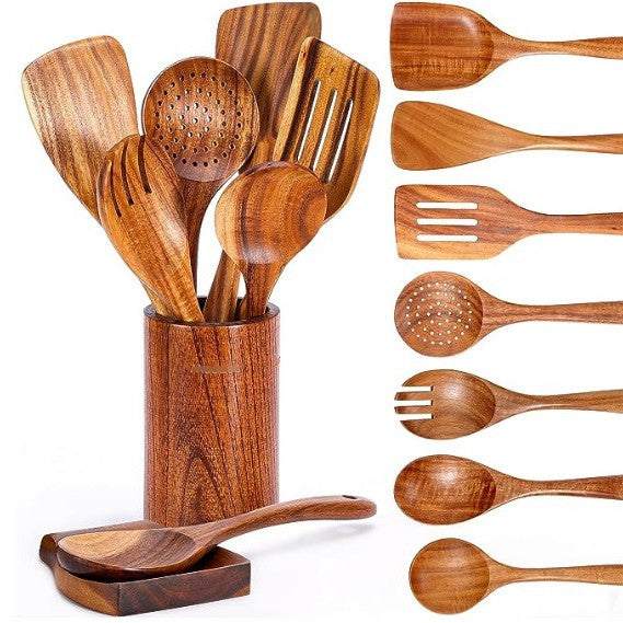 Espátula Utensilios de cocina Juego de pala con cabeza de teca para ensalada, sopa, pasta, cuchara de cocina