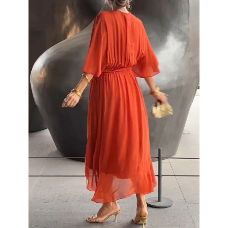 Vestido de verano con escote en V y manga murciélago de color liso con lazo irregular, vestidos largos para mujer