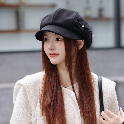 Béret Tendance avec Nœud de Perles de Mode Amincissant le Visage