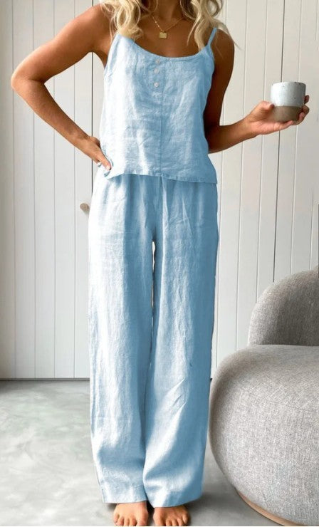 Ensemble de maison pantalon élastique et débardeur femme mode couleur unie