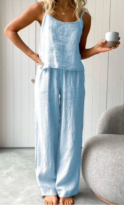 Ensemble de maison pantalon élastique et débardeur femme mode couleur unie