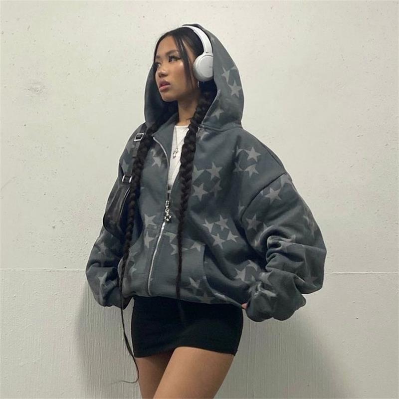 Cardigan à Capuche Zippé Imprimé Étoiles, Vêtement d'Extérieur Tendance pour Couple, Sweat-shirt à Capuche, Manteau Homme Femme Streetwear