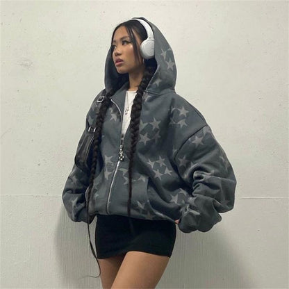 Cardigan à Capuche Zippé Imprimé Étoiles, Vêtement d'Extérieur Tendance pour Couple, Sweat-shirt à Capuche, Manteau Homme Femme Streetwear
