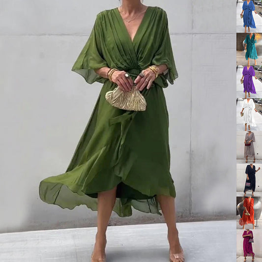 Robe longue asymétrique à manches chauve-souris et col en V, couleur unie, pour femme