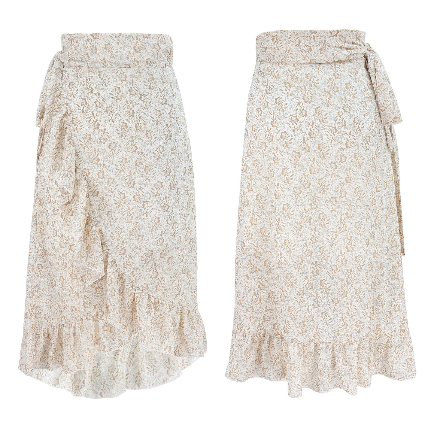 Jupe Longue Femme Taille Haute Mode Noire Nouée Enveloppante Fleurie Volants Mousseline de Soie Coupe Évasée Fendue Vêtements Printemps-Été