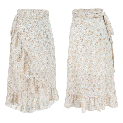 Jupe Longue Femme Taille Haute Mode Noire Nouée Enveloppante Fleurie Volants Mousseline de Soie Coupe Évasée Fendue Vêtements Printemps-Été