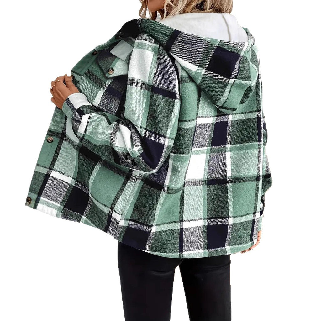 Veste décontractée ample à carreaux et à capuche à manches longues pour automne et hiver