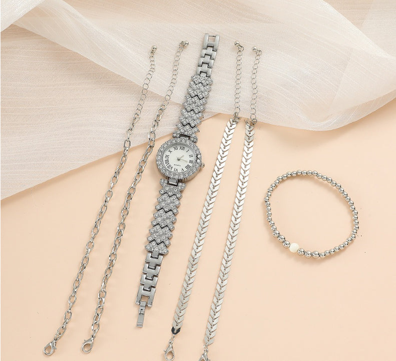 Reloj de pulsera de diamante para mujer, de lujo, a la moda, con caja de regalo, pulsera de reloj, juego de seis piezas