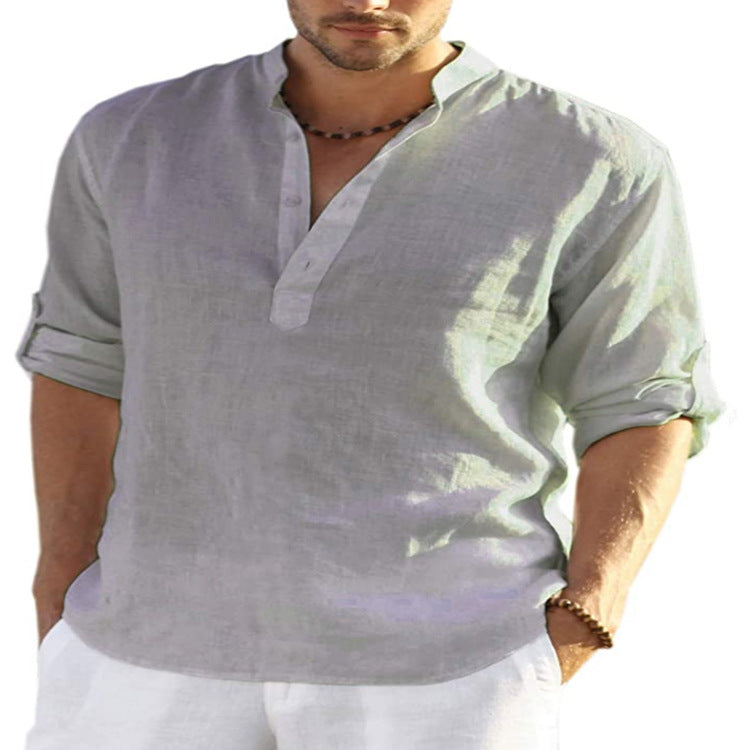Camisa de manga larga de algodón y lino para hombre, color sólido, cuello levantado, holgada