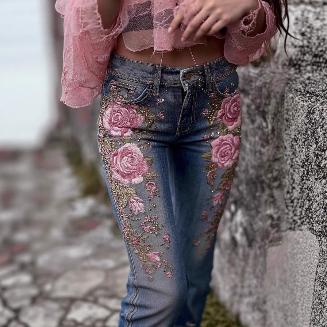 Pantalon en faux jean fleuri et coloré pour femme