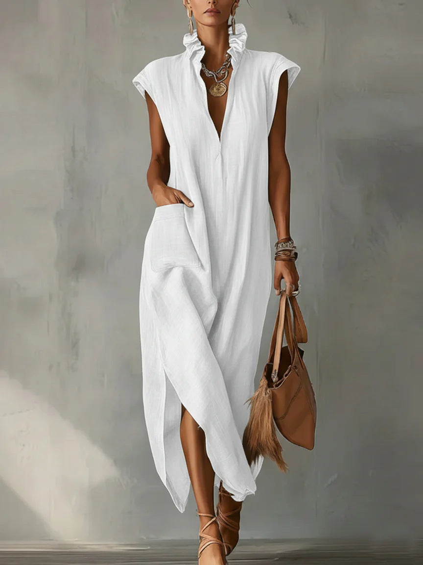 Robe unie sans manches en coton et lin pour femme