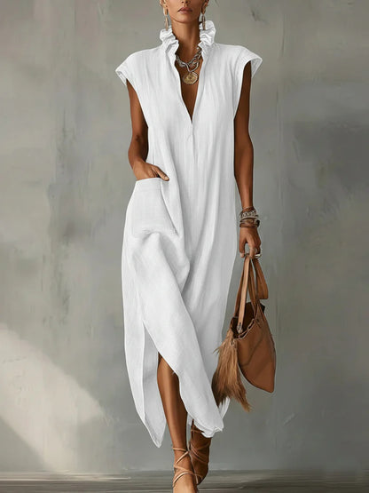 Robe unie sans manches en coton et lin pour femme