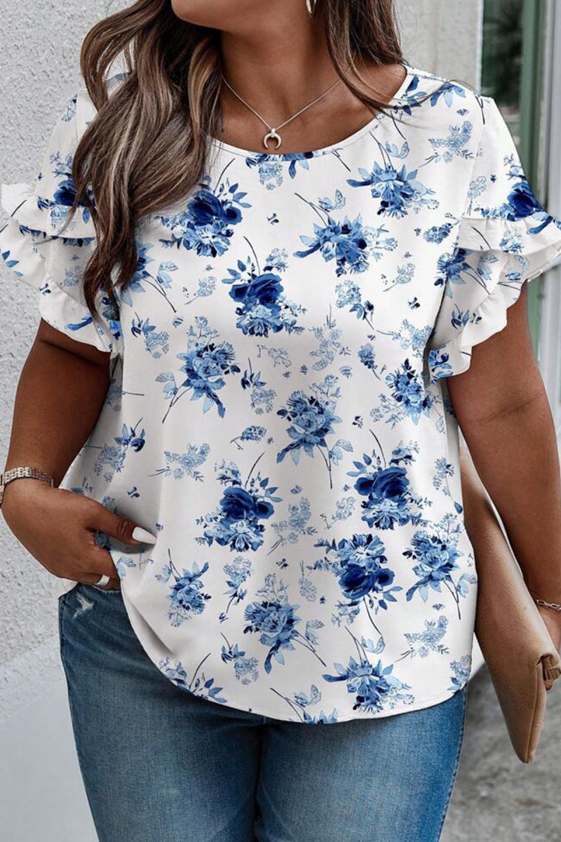 Cuello Redondo Manga Costura Pliegues Estampado Manga Corta Informal