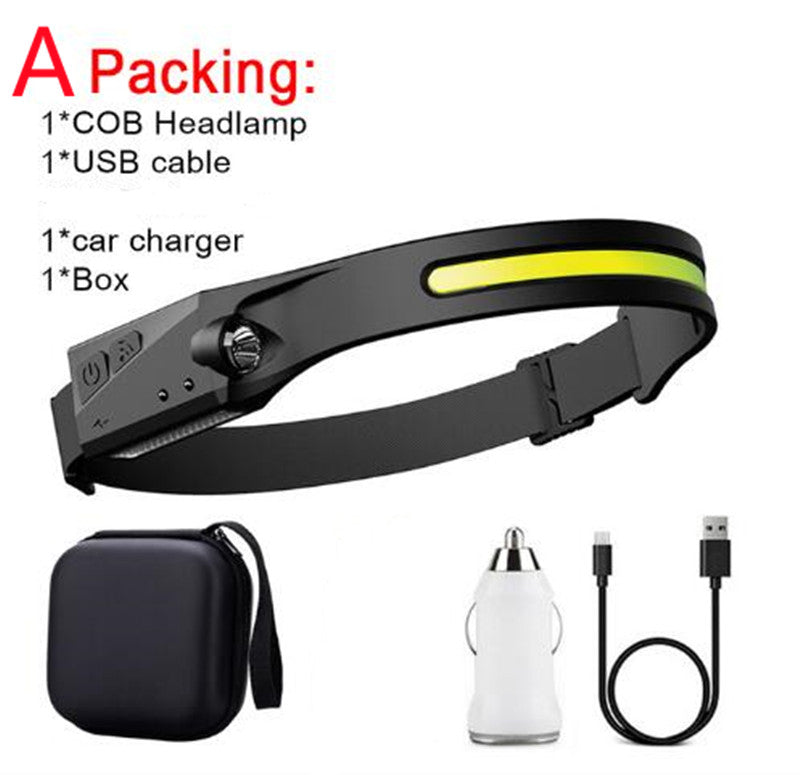 Linterna frontal de inducción LED COB, recargable por USB, resistente al agua, para camping, con todas las perspectivas, luz de caza