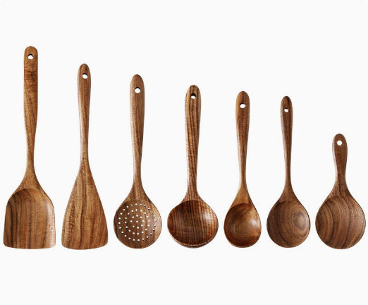 Espátula Utensilios de cocina Juego de pala con cabeza de teca para ensalada, sopa, pasta, cuchara de cocina