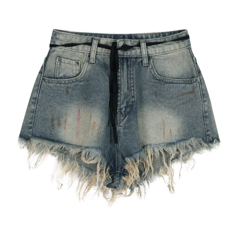 Shorts en jean vintage taille haute à bords bruts pour femme