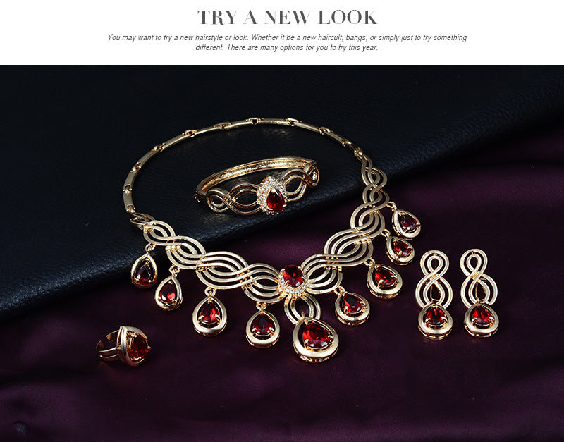 Conjunto de joyería de moda con gemas, collar y pendientes de aleación