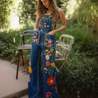 Vintage Plant Floral Art Jeans Jumpsuit