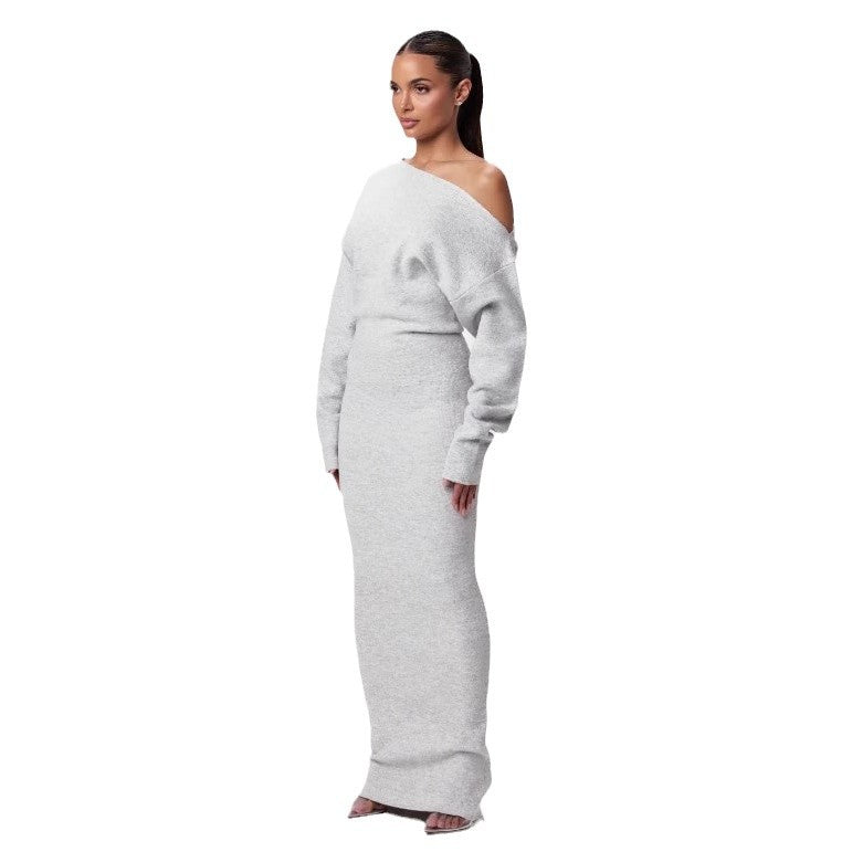 Vestido de punto de manga larga ajustado estilo Ins para fiesta de noche, sexy, con hombros descubiertos, largo y ajustado