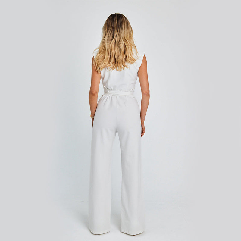 Combinaison Longue Élégante sans Manches pour Femme, Col en V, Jambes Larges, Tenue Décontractée d'Été