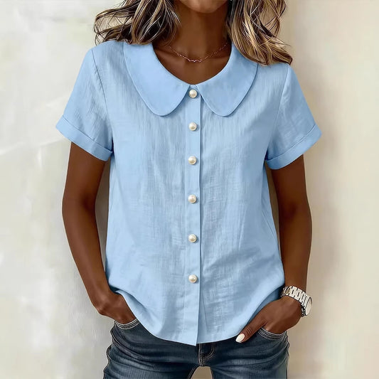 Camisa de manga corta de algodón y lino lisa, holgada e informal para mujer
