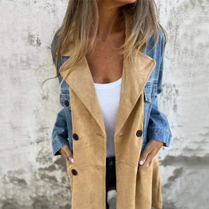Manteau mi-long en jean avec col tailleur et coutures contrastantes pour femme