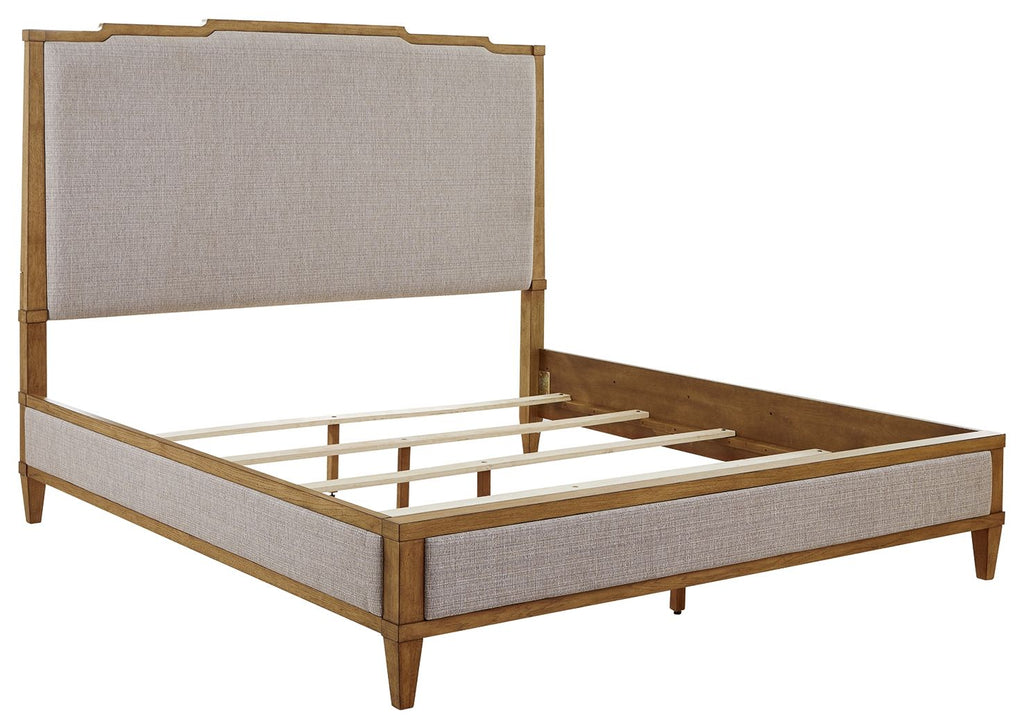 Light Brown Upholstered Panel Bed Frame with Wood Details-2
