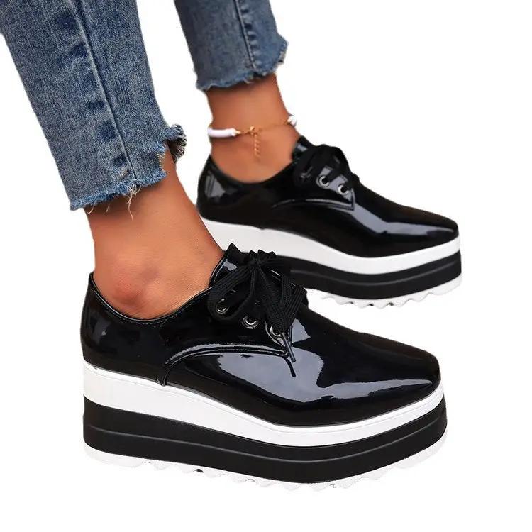 Womens Lace-up Square-toe Patent Leather Platform Wedge Heels, black patent, pair