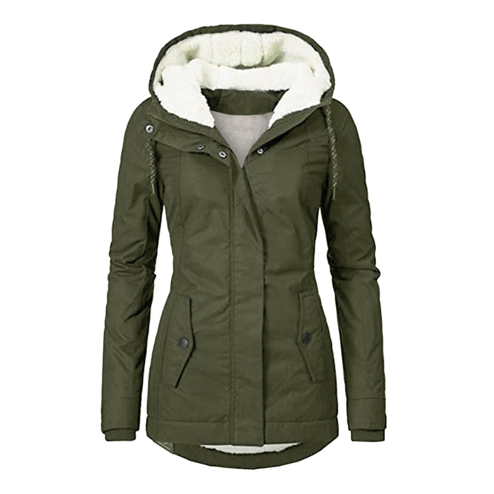 Chaqueta con Capucha de Invierno Color Sólido Cálida con Hebilla y Cremallera de Lana con Bolsillos Chaqueta Casual para Mujer