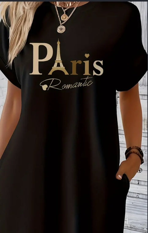 Vestido túnica de cuello redondo con estampado Midi Paris - Estampado geométrico, elasticidad media, semitransparente, bolsillos dobles, ajuste holgado, lavable a máquina, perfecto para primavera, verano y otoño - Polo casual de manga corta para mujer