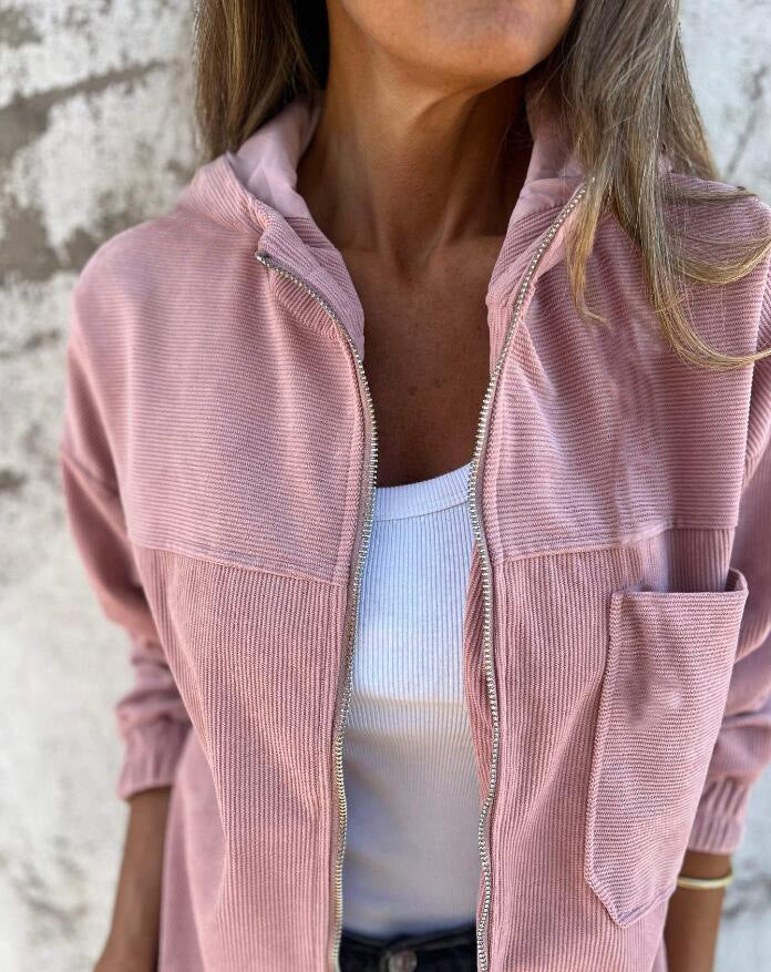 Chaqueta con capucha de pana lisa sencilla para mujer