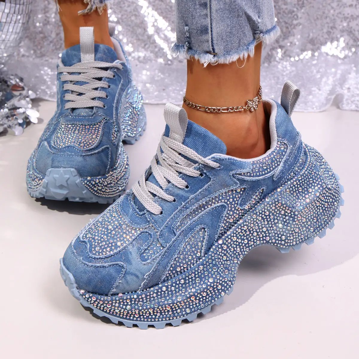 Womens Stylish Versatile Height-increasing Thick-soled Casual Sneakers, blue denim with rhinestones, pair