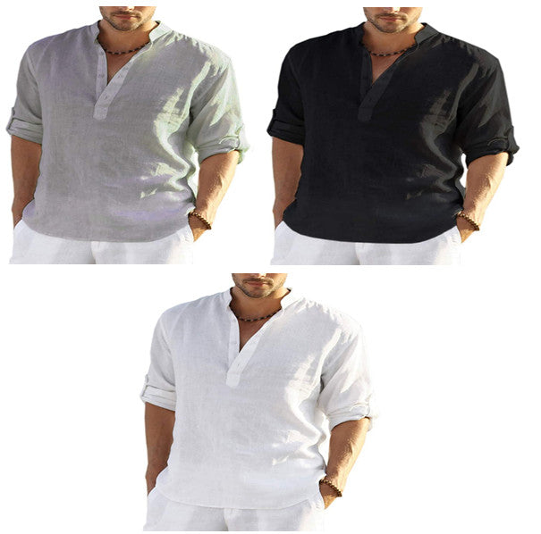Camisa de manga larga de algodón y lino para hombre, color sólido, cuello levantado, holgada