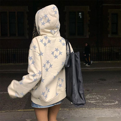 Cardigan à Capuche Zippé Imprimé Étoiles, Vêtement d'Extérieur Tendance pour Couple, Sweat-shirt à Capuche, Manteau Homme Femme Streetwear