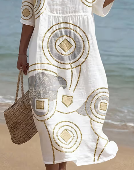 Robe décontractée en coton et lin imprimée à col rond et manches mi-longues pour femmes
