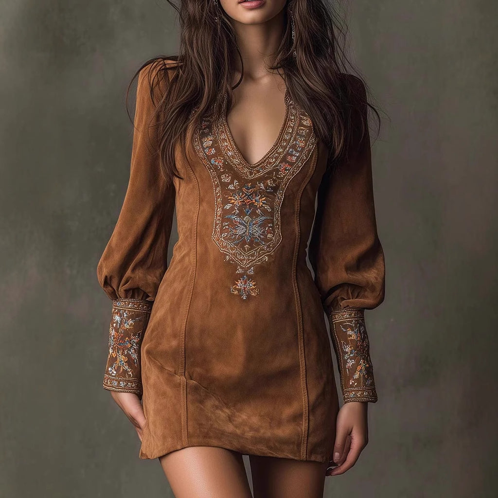 Vestido sexy bordado de manga larga y escote en V para mujer europea y americana