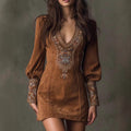 Vestido sexy bordado de manga larga y escote en V para mujer europea y americana