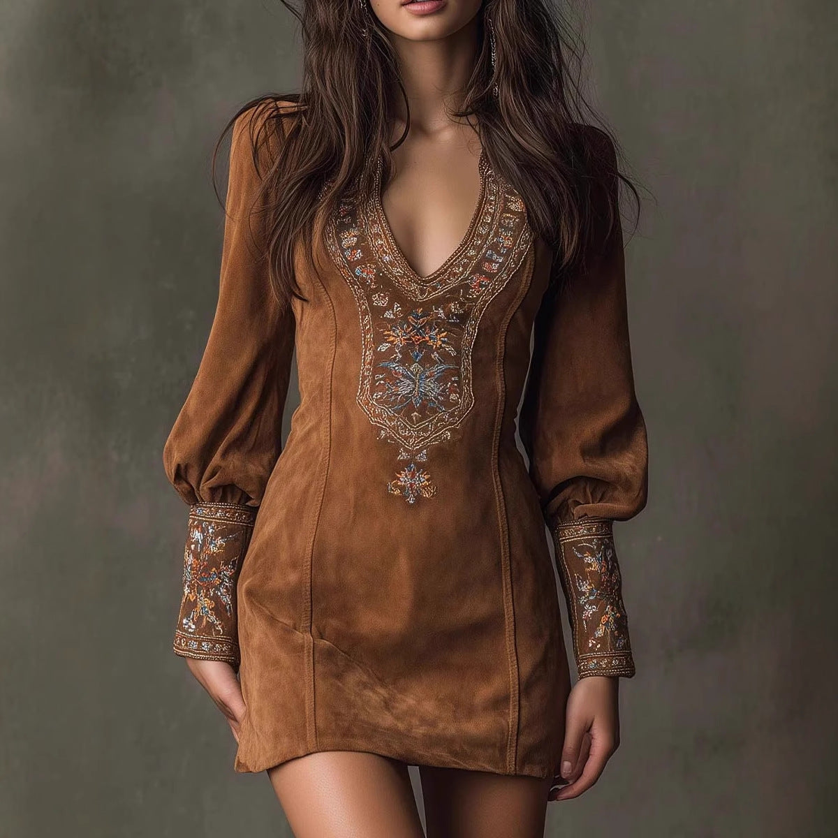 Vestido sexy bordado de manga larga y escote en V para mujer europea y americana