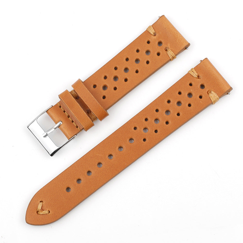 Correa de reloj de cuero gris azulado con costuras y múltiples orificios