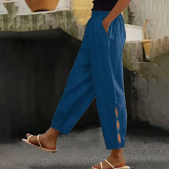 Pantalon d'été pour femme, détails creux à la cheville, avec boutons à l'ourlet