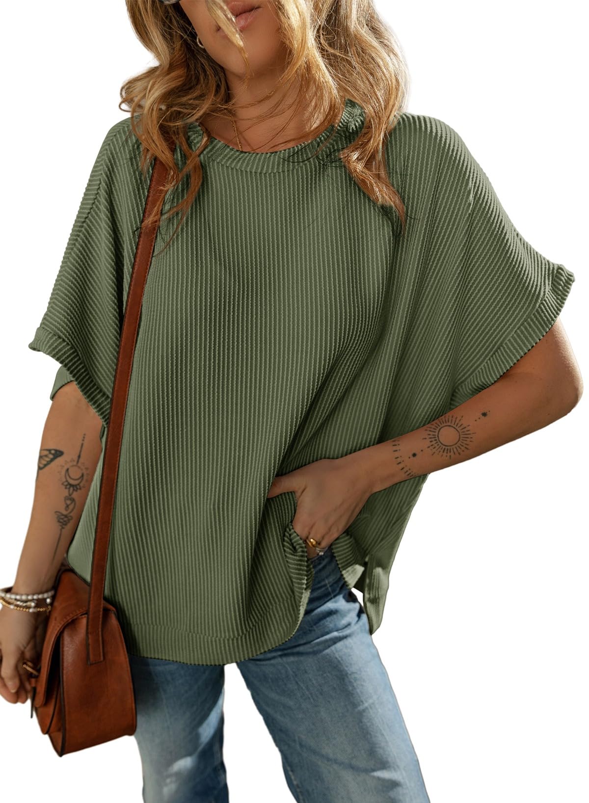 T-shirt en tricot couleur unie pour femme, pull ample et décontracté