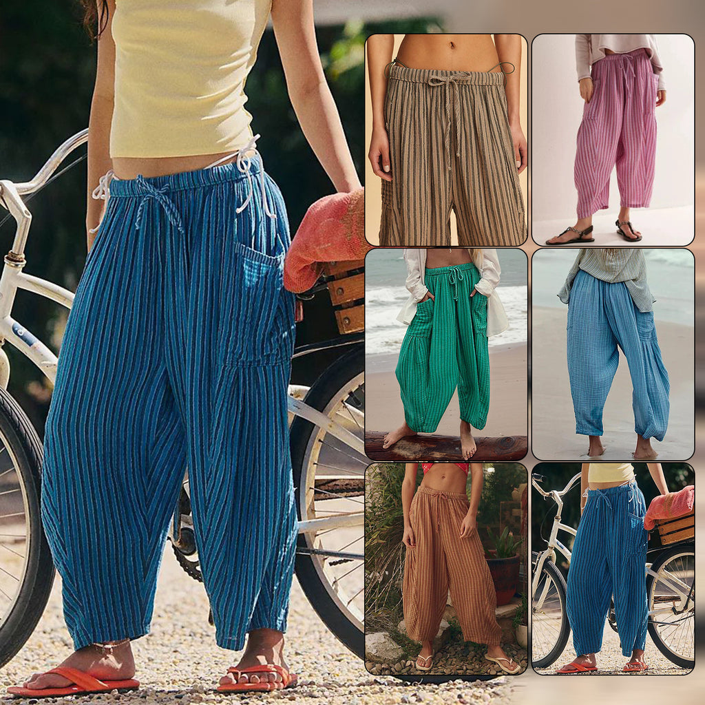 Pantalon plissé rayé à taille élastique coupe droite et longueur cheville