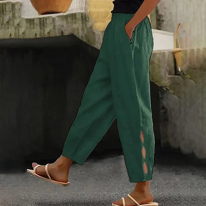 Pantalon d'été pour femme, détails creux à la cheville, avec boutons à l'ourlet