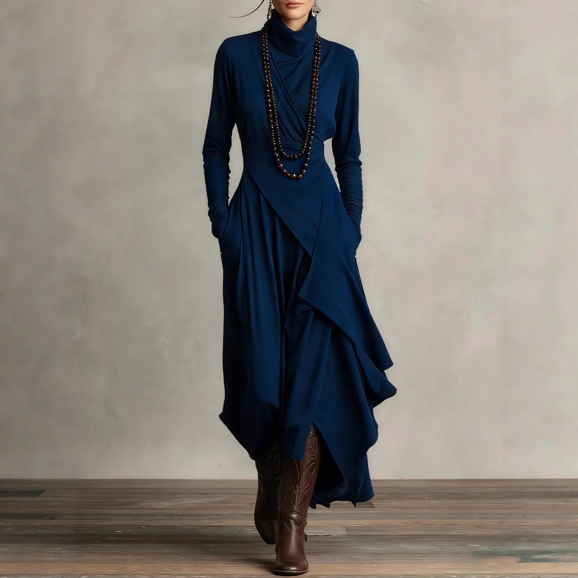 Robe à col montant unie à manches croisées pour femme