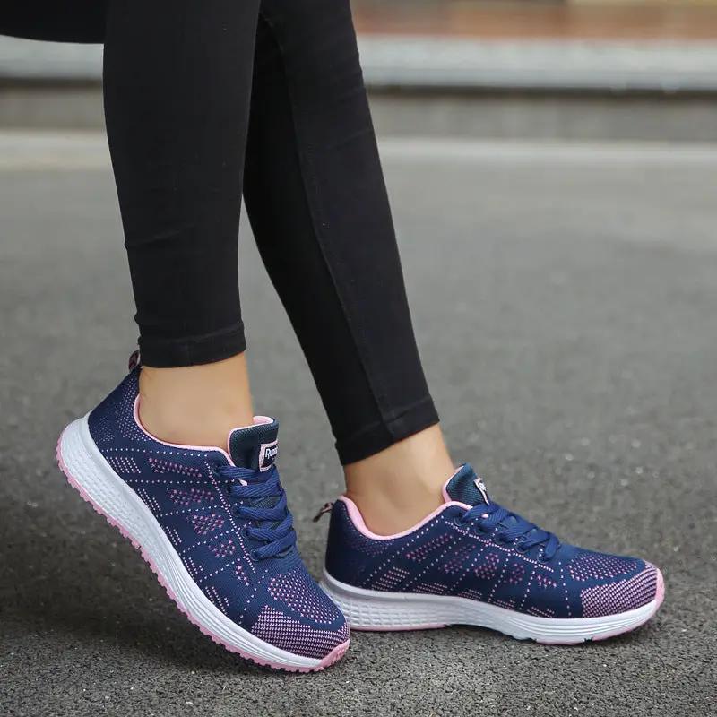 Women Shoes Sports Sneakers by AdTec in navy blue knit mesh with pink trim
