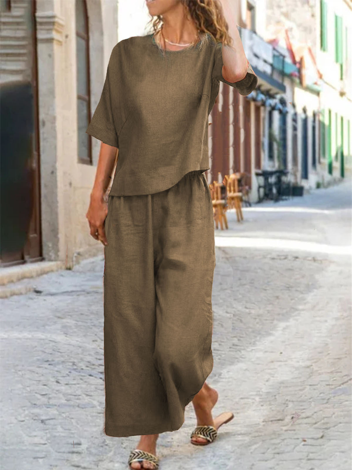 Traje de dos piezas de lino informal holgado de color sólido para mujer europea y americana